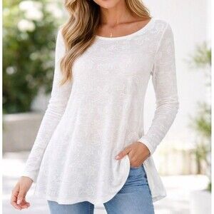 Soft Surroundings Jacquard Tunic Top Women's Large Floral Ivory Long Sleeve